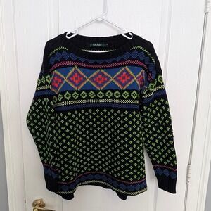 Lauren Ralph Lauren Neon Fair Isle Cotton Blend Sweater Black Mens Large